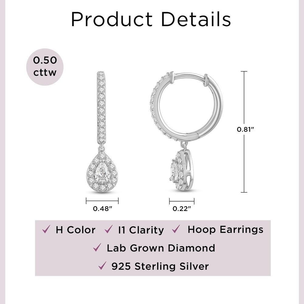 Jewelili 925 Sterling Silver Diamond Dangle Earrings for Women | 0.50 CTW | H Color I1 Clarity | Lab Grown Diamond Teardrop Earrings - Future Jewelry