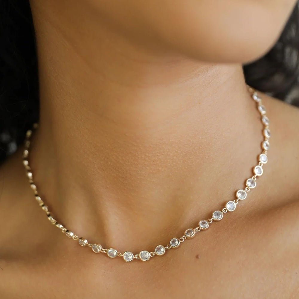 Lab Created Diamond Station Tennis Necklace in Large Size 5mm Bezel Set Round Brilliant Cut Stones - Hypoallergenic Elegant Diamond - Future Jewelry