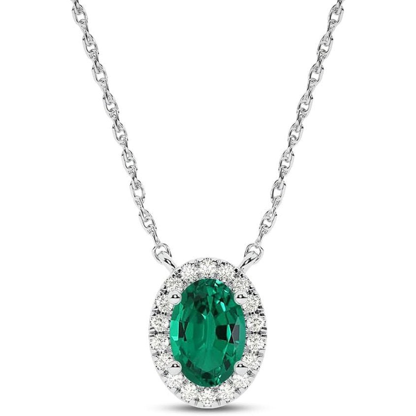 Lab Created Emerald and Lab Grown Diamond Halo Necklace for Women | 10K Solid Floating White Gold Diamond Pendants - Future Jewelry