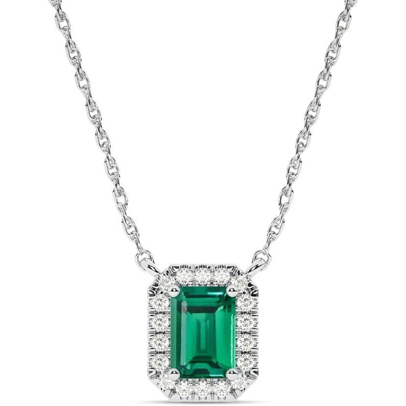 Lab Created Emerald and Lab Grown Diamond Halo Necklace for Women | 10K Solid Floating White Gold Diamond Pendants - Future Jewelry