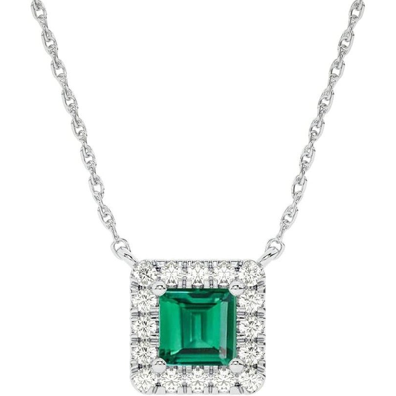 Lab Created Emerald and Lab Grown Diamond Halo Necklace for Women | 10K Solid Floating White Gold Diamond Pendants - Future Jewelry