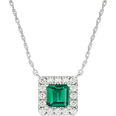 Lab Emerald and Lab Grown Diamond Halo Necklace, 14K White Gold