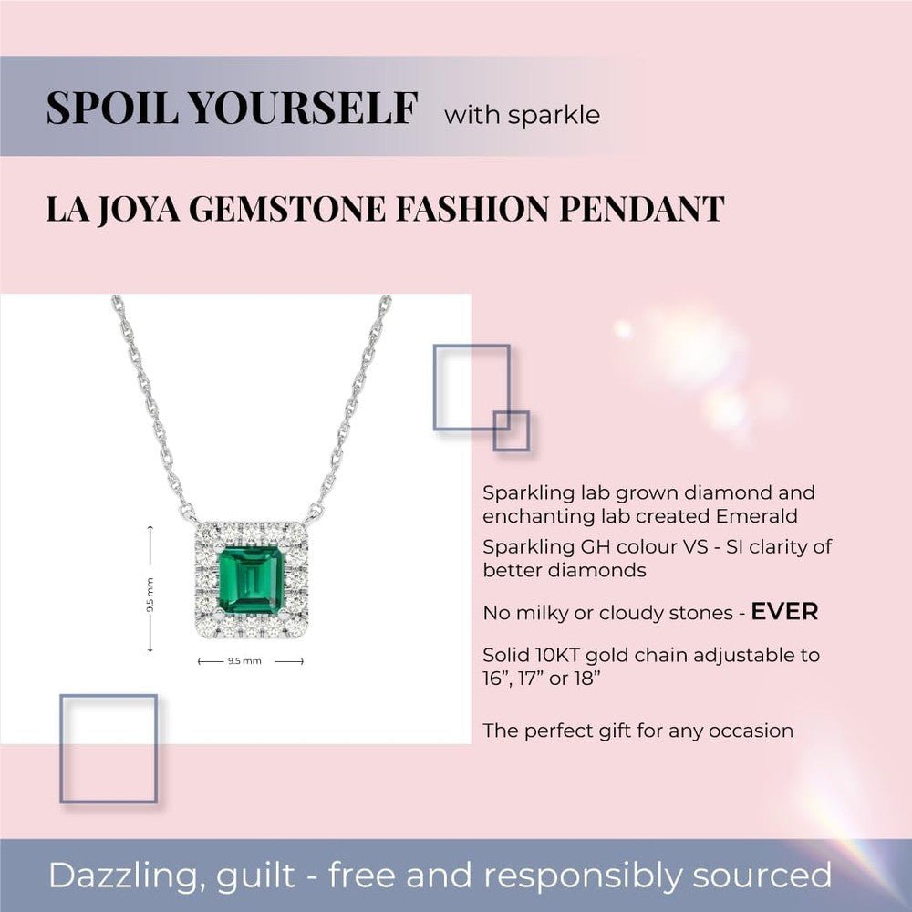 Lab Created Emerald and Lab Grown Diamond Halo Necklace for Women | 10K Solid Floating White Gold Diamond Pendants - Future Jewelry