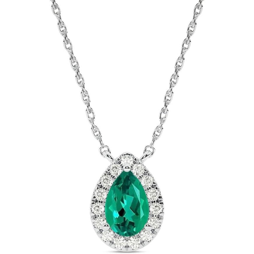 Lab Created Emerald and Lab Grown Diamond Halo Necklace for Women | 10K Solid Floating White Gold Diamond Pendants - Future Jewelry