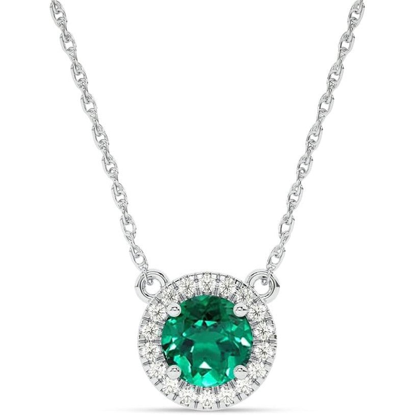 Lab Created Emerald and Lab Grown Diamond Halo Necklace for Women | 10K Solid Floating White Gold Diamond Pendants - Future Jewelry