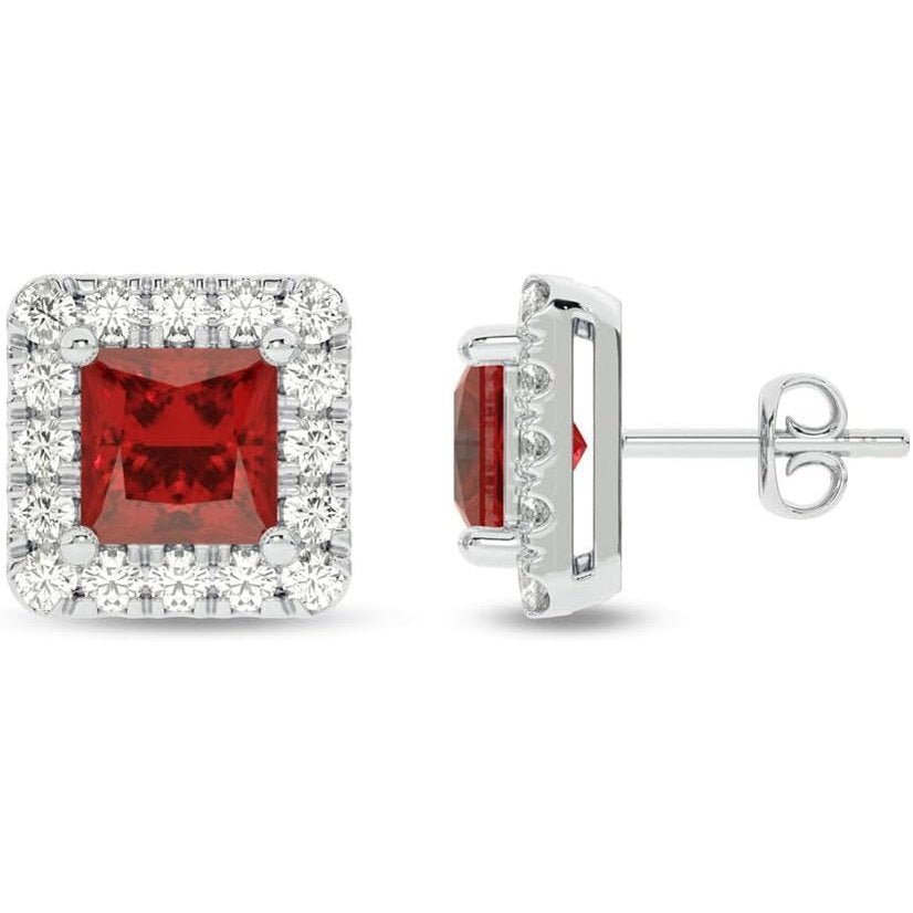 Lab Created Ruby and Lab Grown Diamond Halo Stud Earrings for Women | 10K Solid White Gold Earrings | Multiple Shapes and Weights to Choose From - Future Jewelry