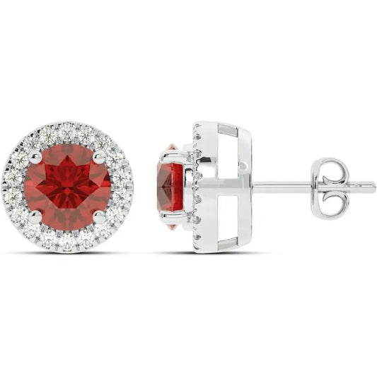 Lab Created Ruby and Lab Grown Diamond Halo Stud Earrings for Women | 10K Solid White Gold Earrings | Multiple Shapes and Weights to Choose From - Future Jewelry