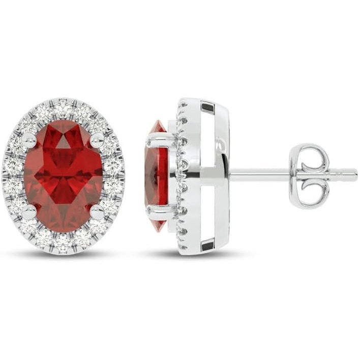 Lab Created Ruby and Lab Grown Diamond Halo Stud Earrings for Women | 10K Solid White Gold Earrings | Multiple Shapes and Weights to Choose From - Future Jewelry