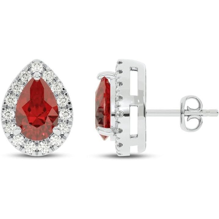 Lab Created Ruby and Lab Grown Diamond Halo Stud Earrings for Women | 10K Solid White Gold Earrings | Multiple Shapes and Weights to Choose From - Future Jewelry