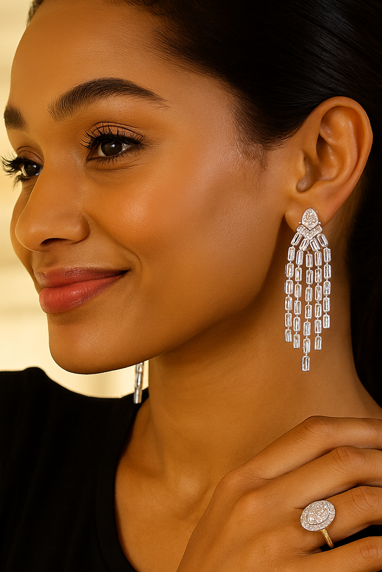 Model wearing lab diamond drop earrings with an oval lab diamond ring in yellow gold