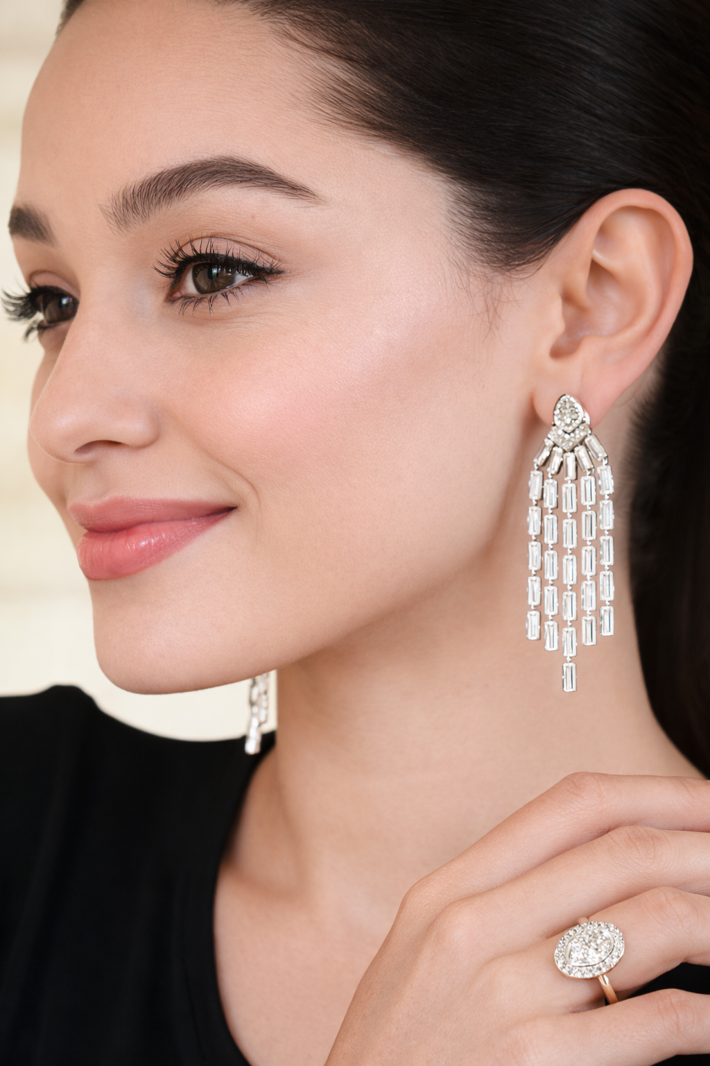 Lab diamond jewelry baguette cut chandelier earrings worn on model