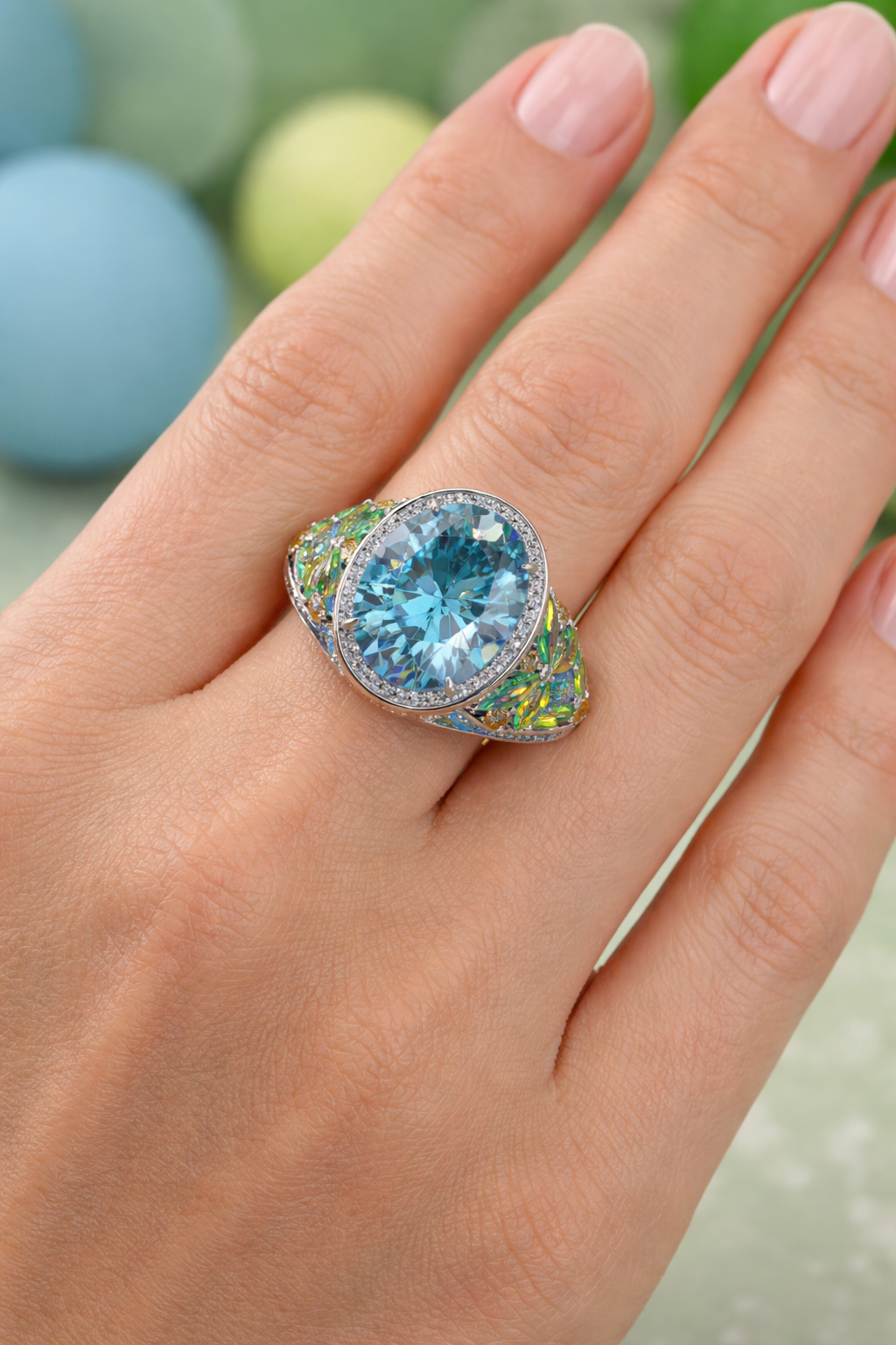 Lab diamond jewelry blue oval diamond ring with pavé setting worn on hand