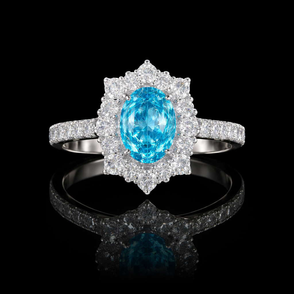 Lab diamond jewelry blue oval diamond halo ring with pavé band in white gold