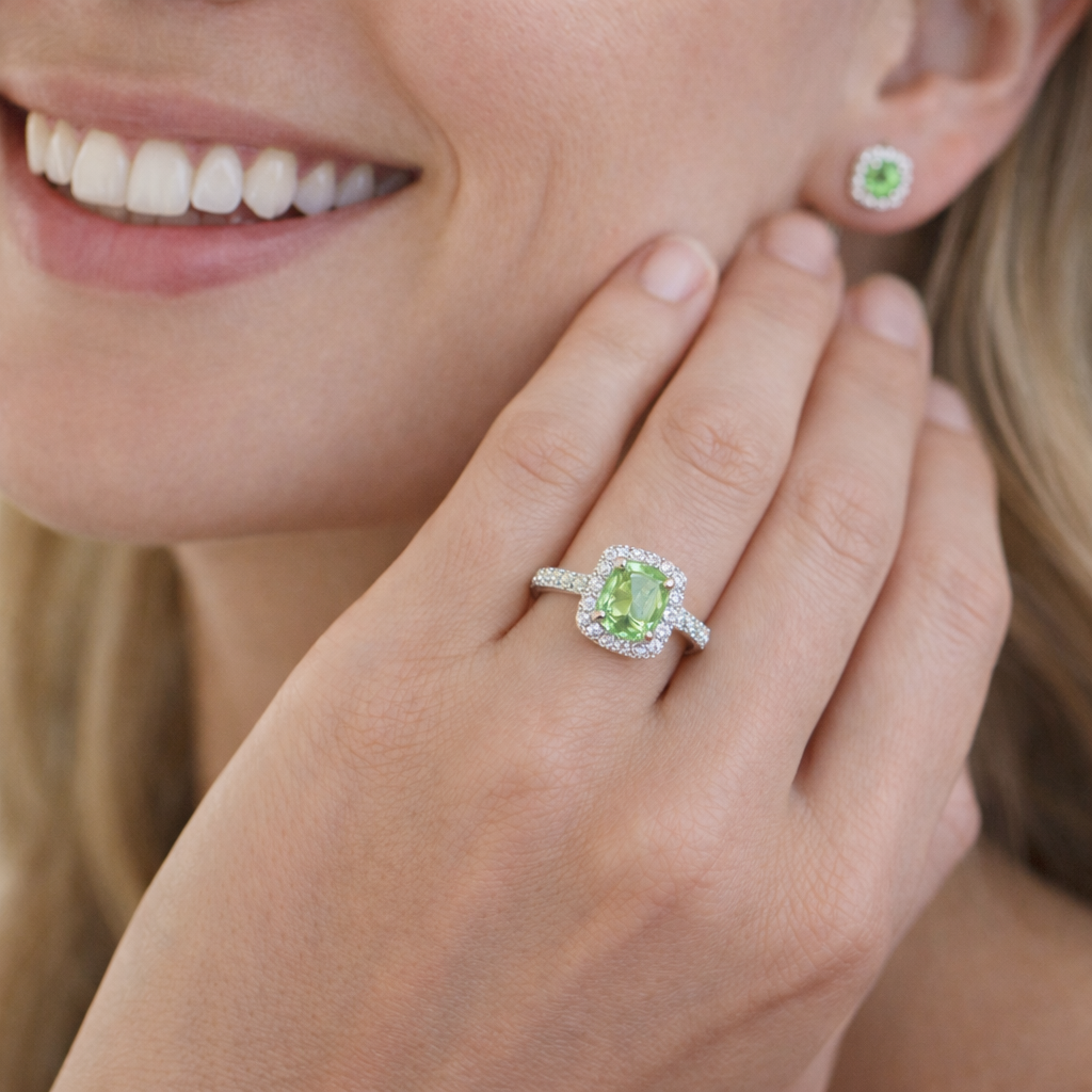 Lab diamond jewelry green cushion cut diamond ring worn on hand in white gold