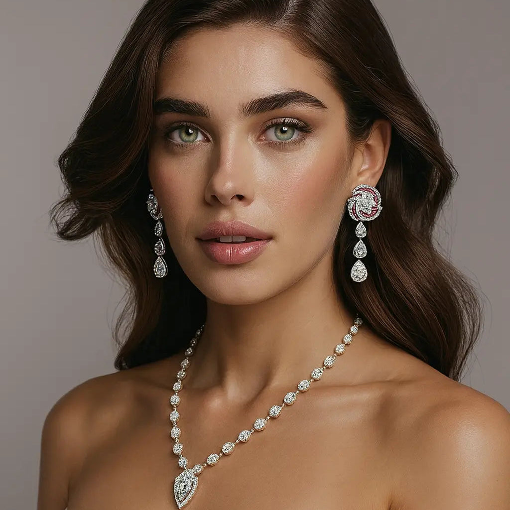 Lab diamond jewelry worn by model featuring drop earrings and diamond necklace luxury styling-jpg