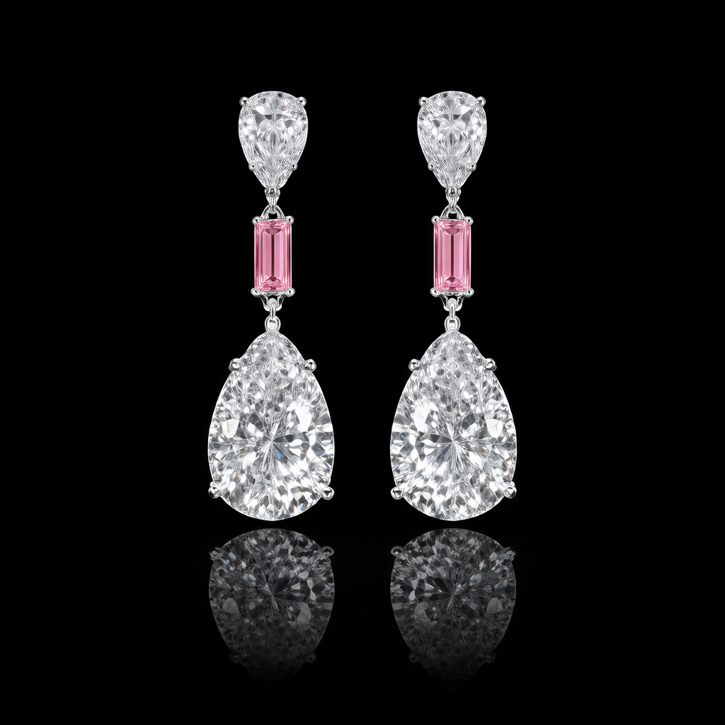 Lab diamond jewelry pear cut drop earrings with pink lab diamonds in white gold luxury design