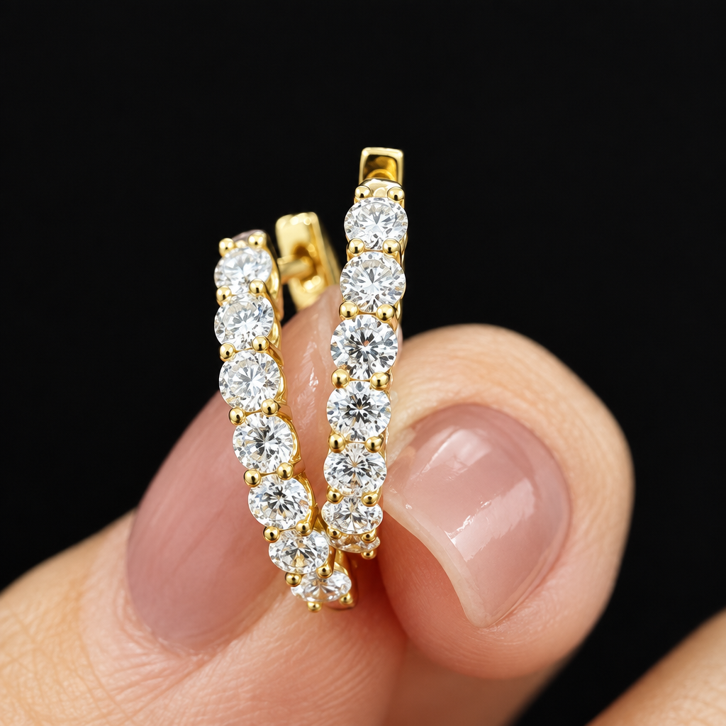 Lab Grown Diamond Circle Huggie Earrings in 18K Yellow Gold, close-up - Future Jewelry
