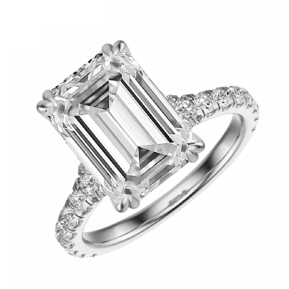 Lab grown diamond engagement ring with 4.50 carat emerald cut center in 14K white gold. F VS2 clarity makes it bold, refined, and radiant. - Future Jewelry