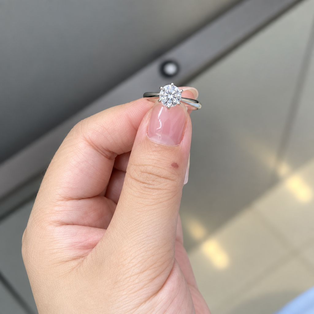 Lab Grown Diamond Ring in 18K White Gold held in hand - Future Jewelry