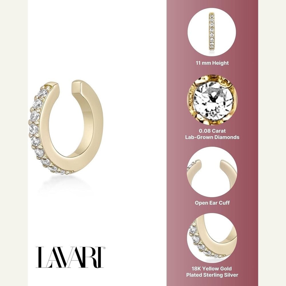 Lab Grown Diamond Huggie Ear Cuff Earring for Women - 18k Yellow Gold Plated 925 Sterling Silver Earrings for Her (F - G, VS1 - VS2, 0.08 cttw) Open Non Piercing Hypoallergenic - Future Jewelry