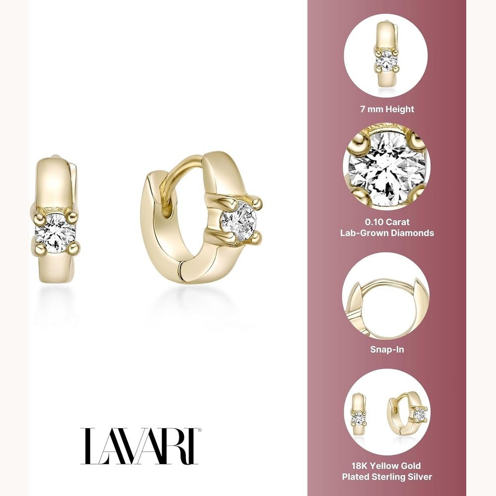 Lab Grown Diamond Huggie Hoop Earrings for Women - 18k Yellow Gold Silver Earrings for Her (F - G, VS1 - VS2, 0.10 cttw) Petite Hypoallergenic Snap - In Hinged Hoops - Future Jewelry