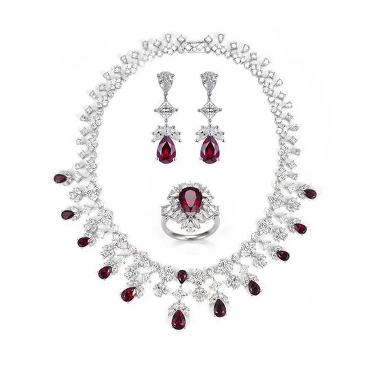 Lab Ruby and Lab Grown Diamond Necklace, Ring and Earrings Set in 14K White Gold - Future Jewelry