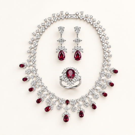 Custom Lab Ruby and Lab Grown Diamond Jewelry Set in 14K White Gold - Future Jewelry