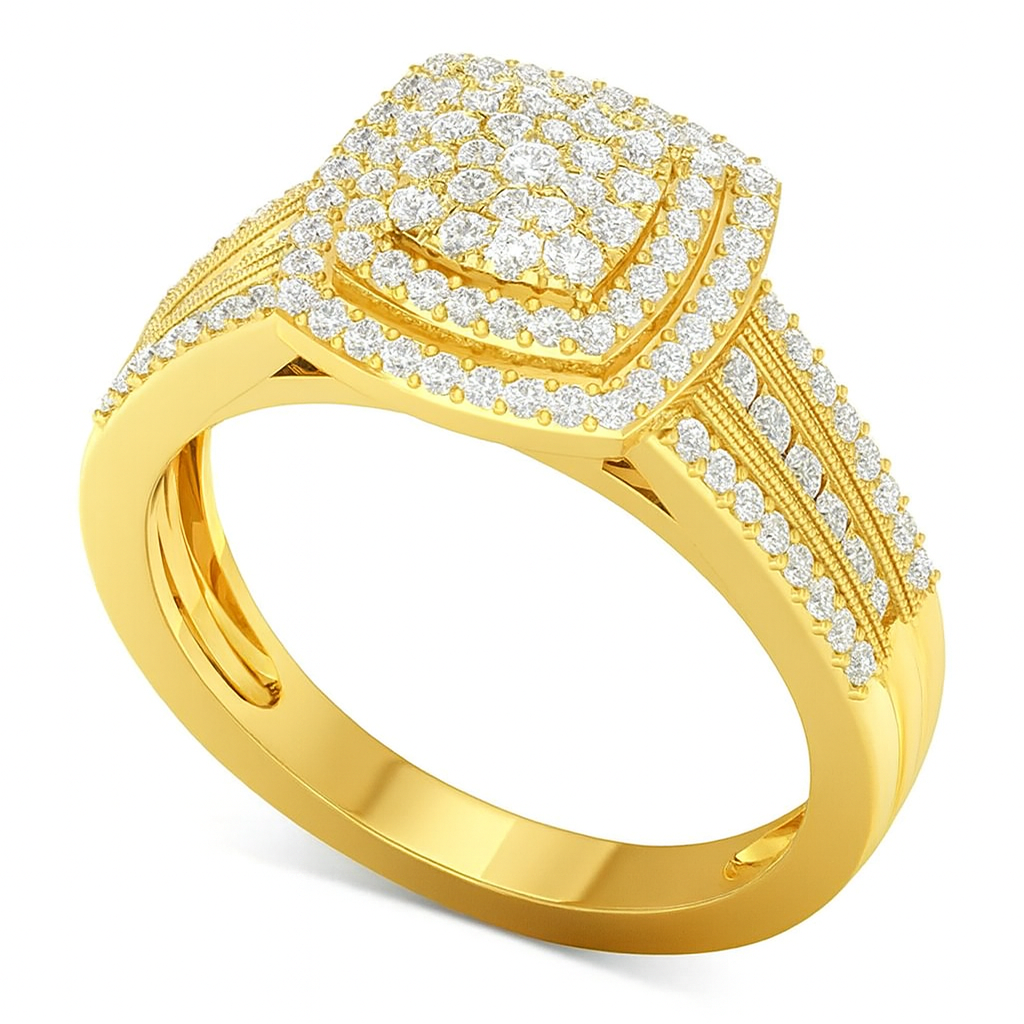 Gold ring with diamond accents on a white background