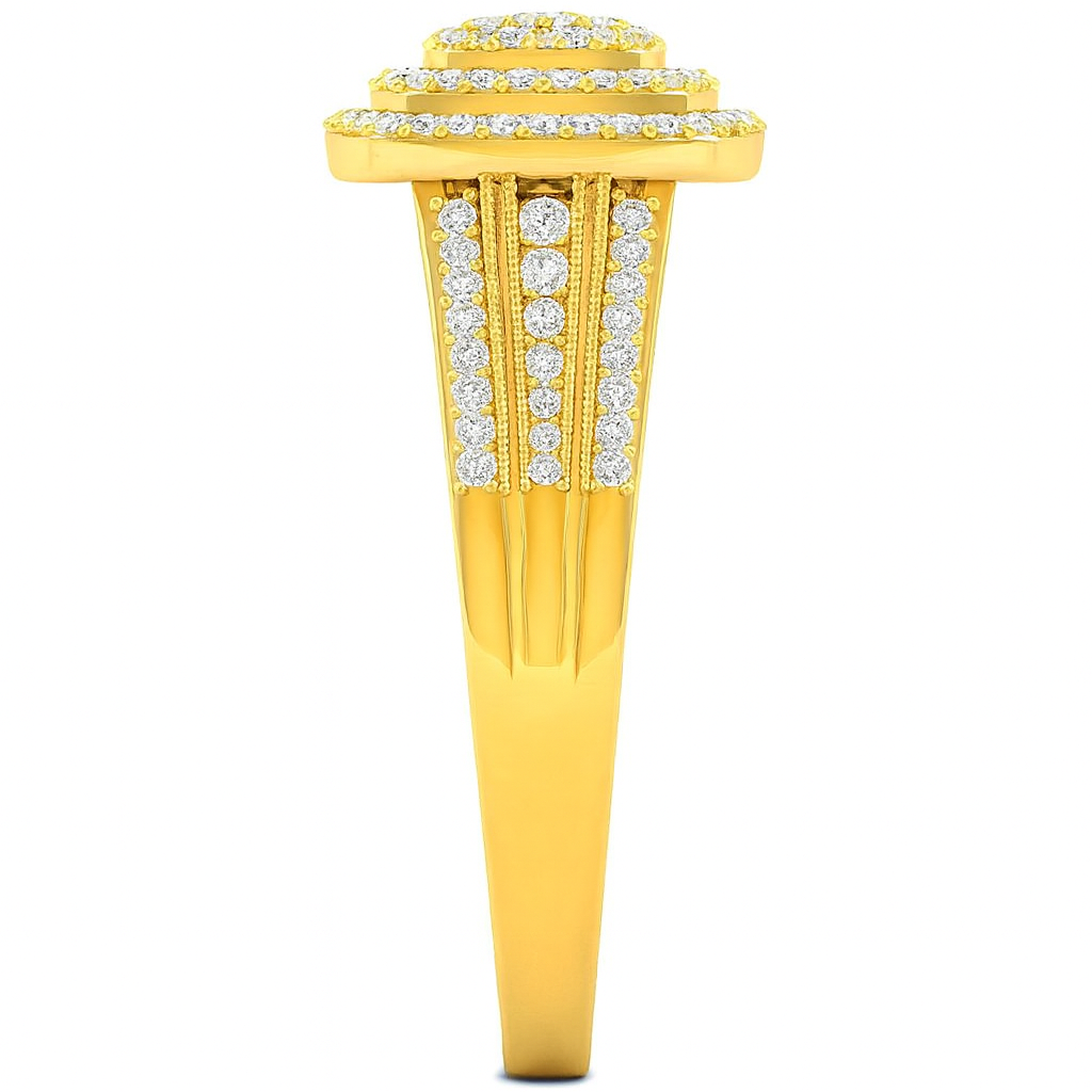 Gold ring with diamond accents on a white background