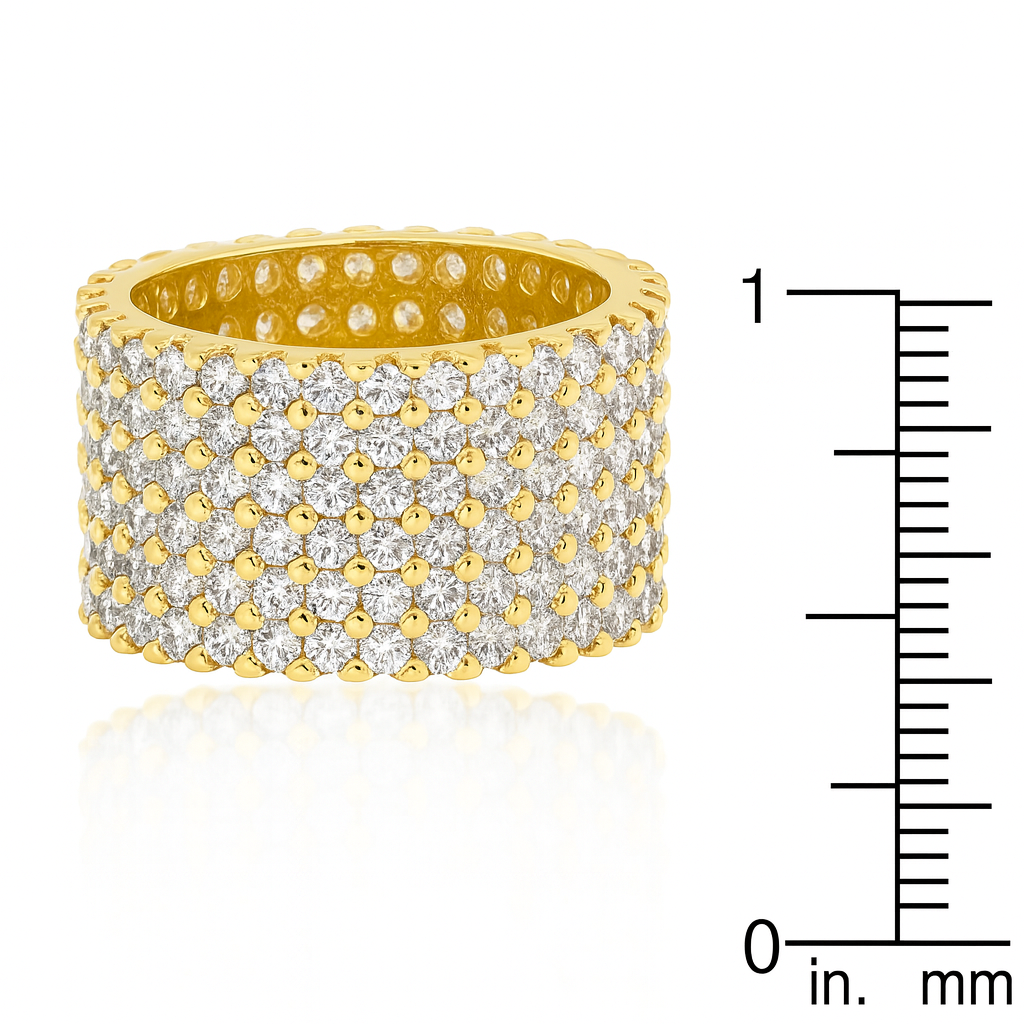 Macro close up of micropave lab diamond band in 14K yellow gold highlighting the measurement