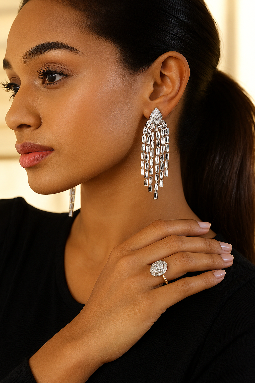 Close-up of a woman wearing sparkling earrings and a ring, with a blurred background.