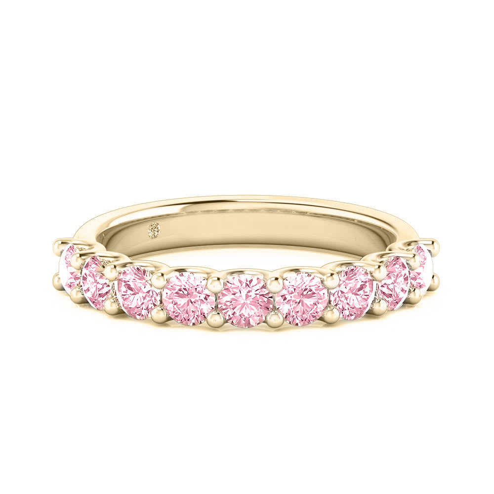 Pink lab diamond eternity ring in solid 14K yellow gold with round cut stones