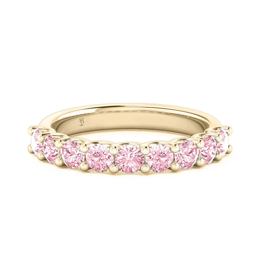 Pink lab diamond eternity ring in solid 14K yellow gold with round cut stones
