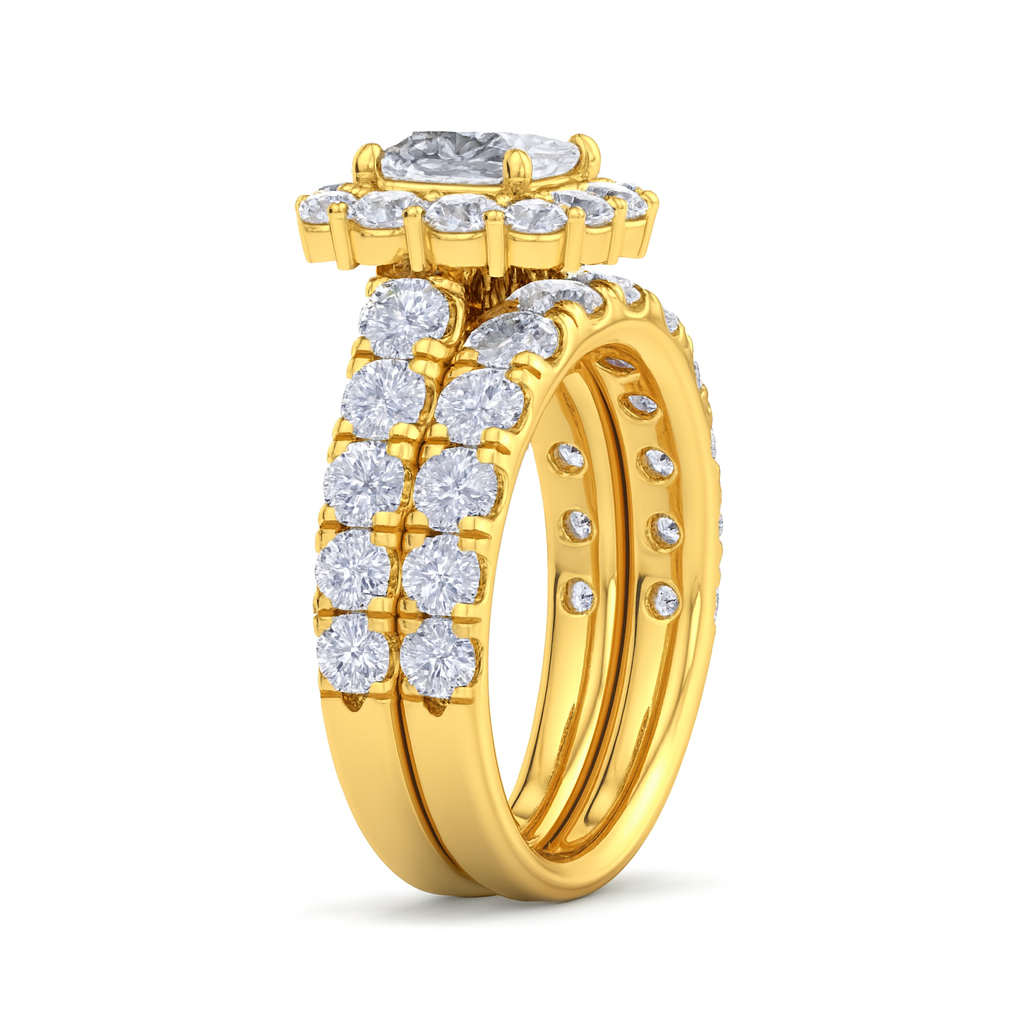 Princess cut lab diamond bridal set in yellow gold with matching band