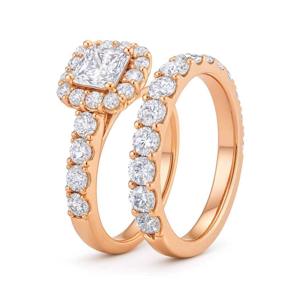  princess cut lab diamond engagement ring and wedding band on a white background