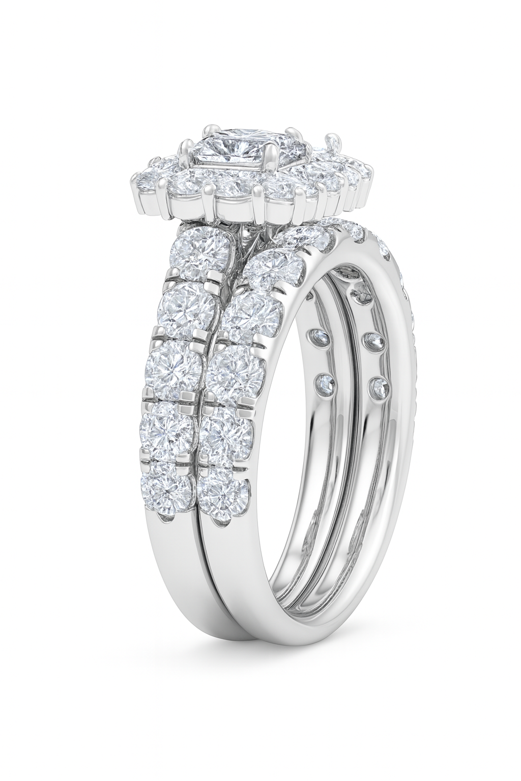 Princess cut lab diamond ring set in white gold with 5 carat total weight