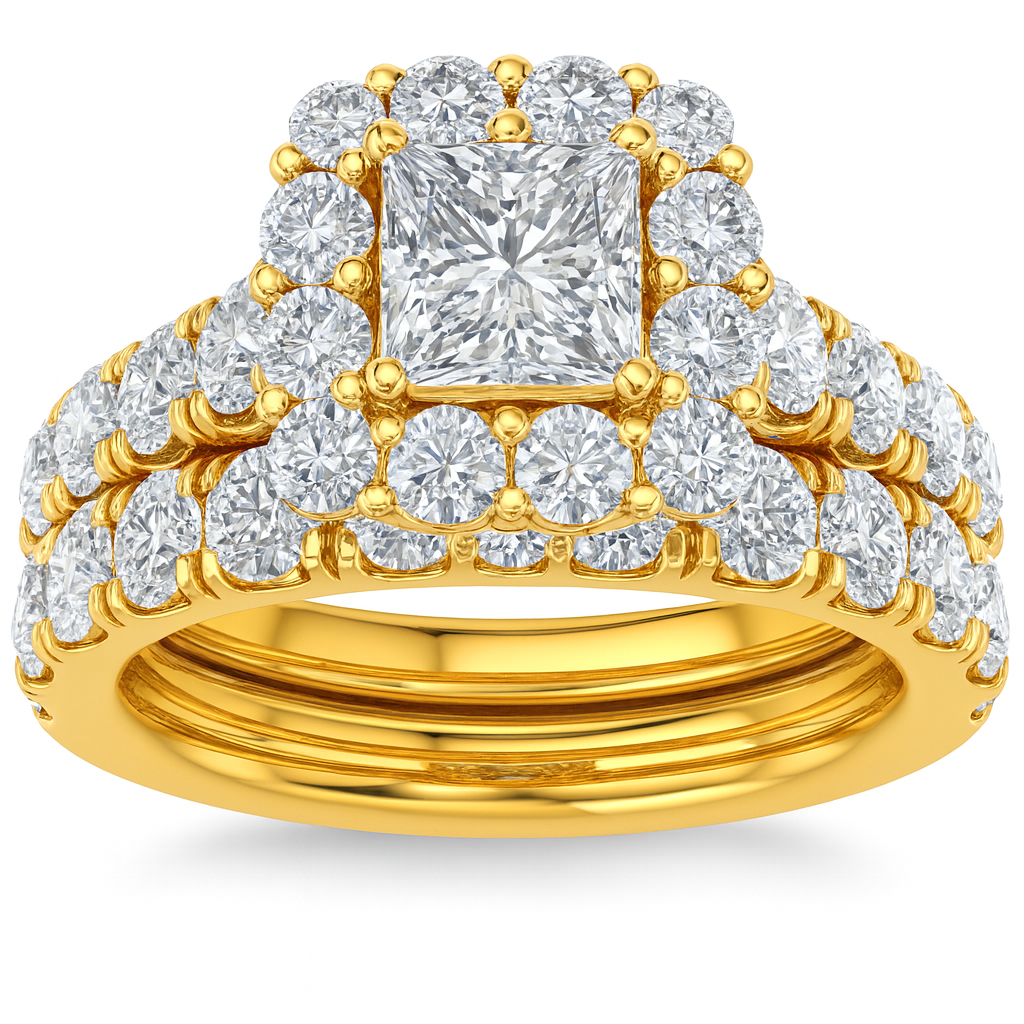 Princess cut lab diamond ring set in yellow gold with halo design