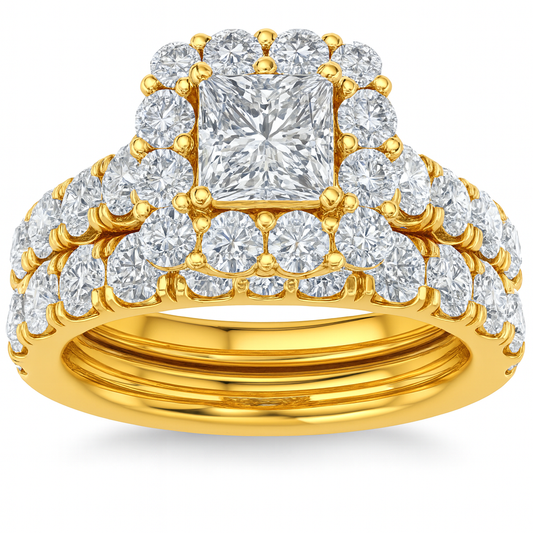 Princess cut lab diamond ring set in yellow gold with halo design