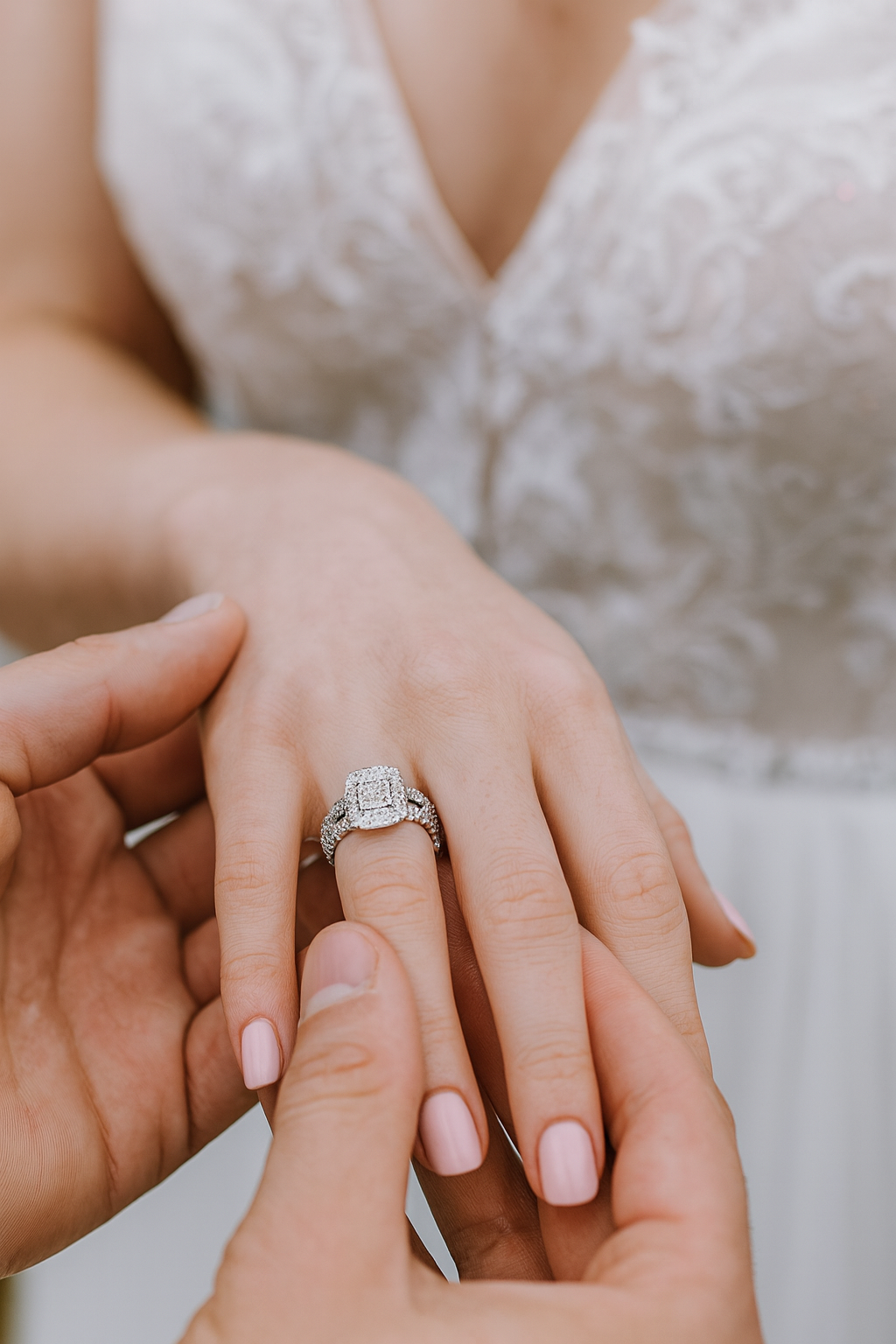 Princess cut lab diamond engagement ring and wedding band set on her hand