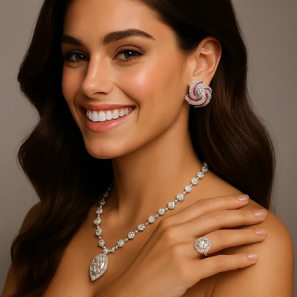 Model wearing red lab diamond earrings with matching necklace and ring finished with clear lab diamonds  