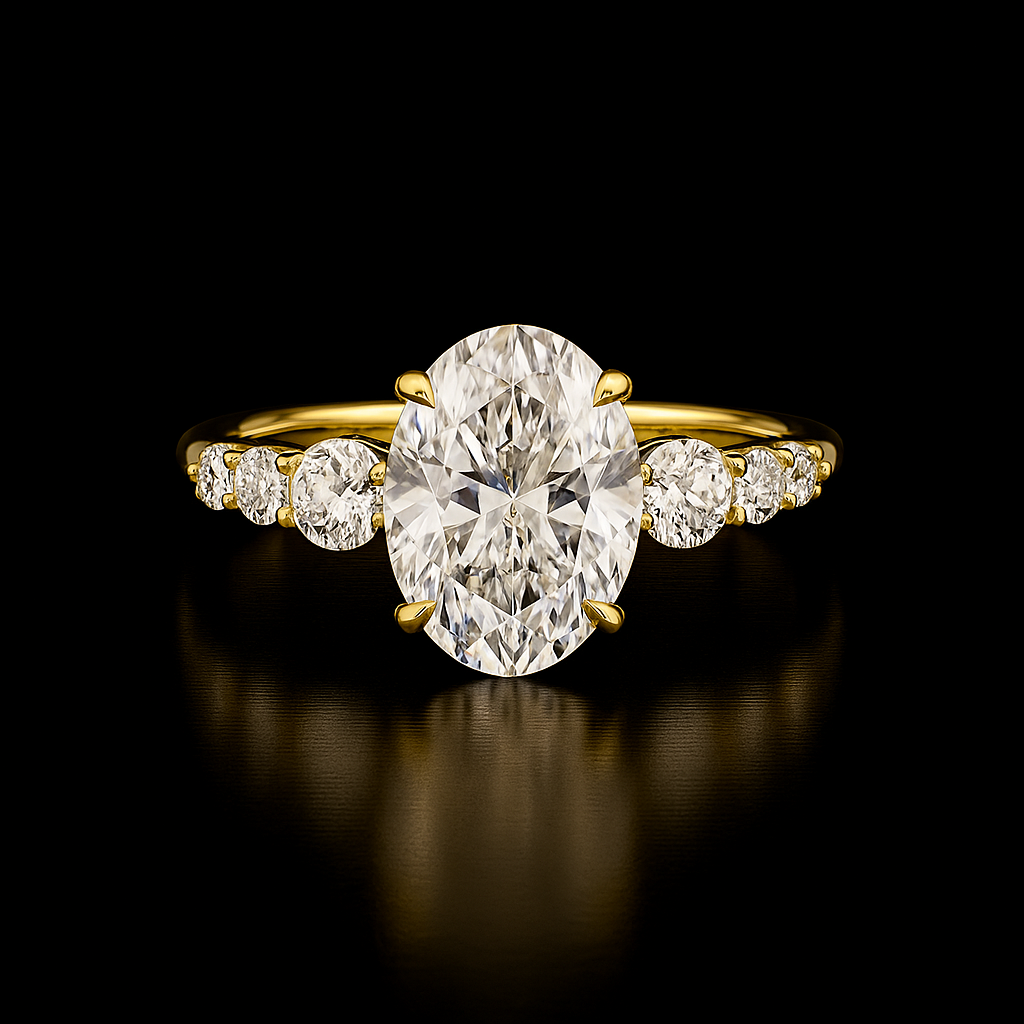 Gold ring with a large diamond and smaller diamonds on a black background