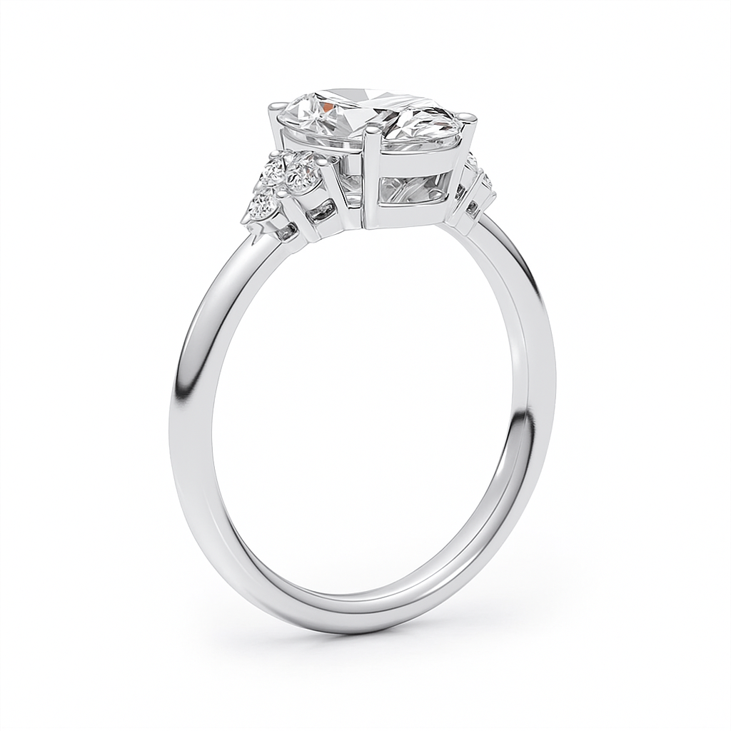 Diamond ring with three clear gemstones on a white background