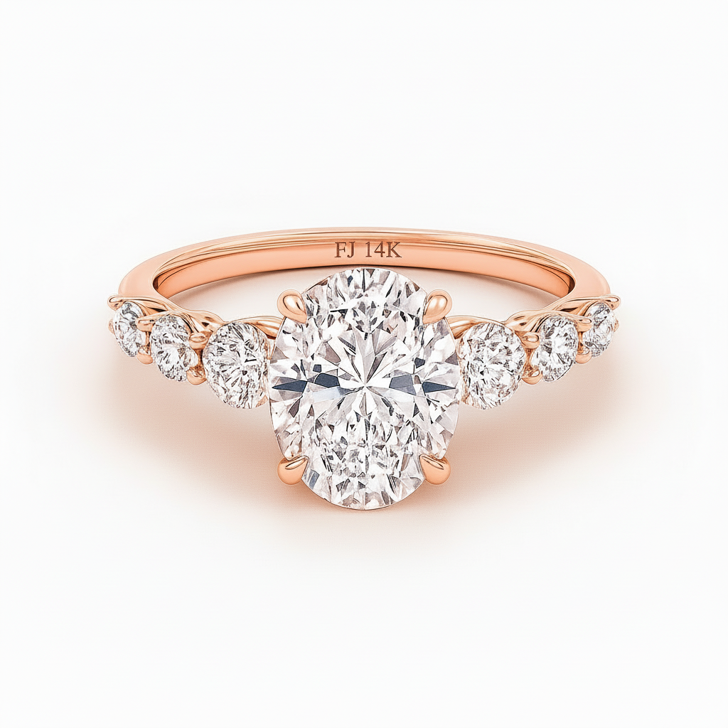 Rose gold ring with a large diamond and smaller diamonds on a light background