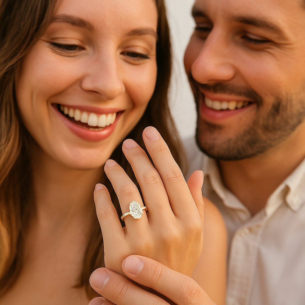 Couple smiling with a close-up of the woman's hand wearing an engagement ring.