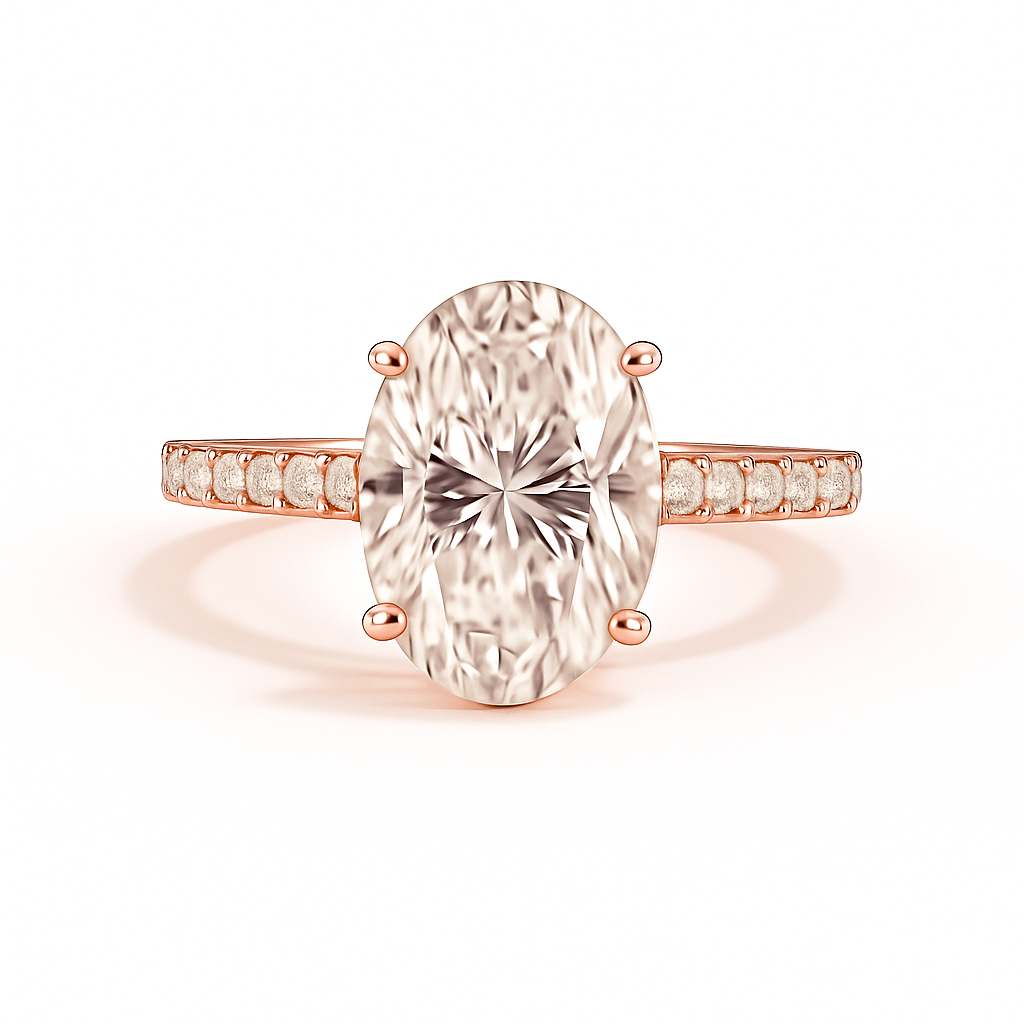 Rose gold ring with a large oval diamond and smaller diamonds on the band against a white background