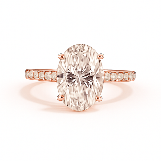 Rose gold ring with a large oval diamond and smaller diamonds on the band against a white background