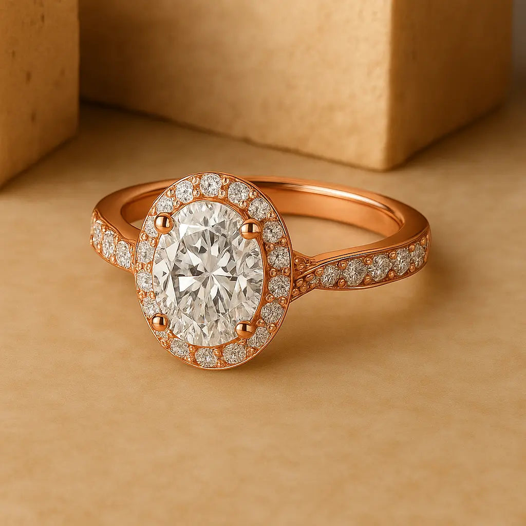 Rose gold ring with a large diamond and smaller diamonds on a beige background