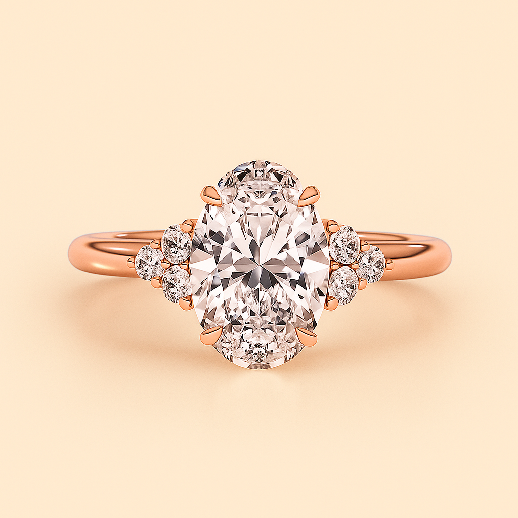 Rose gold ring with a large diamond and smaller diamonds on a beige background