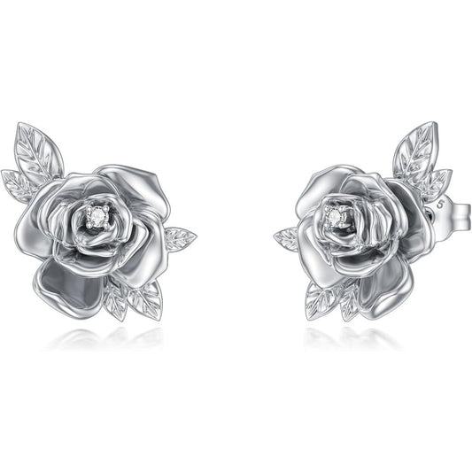 Rose Stud Earrings with Lab Grown Diamond in Silver - Future Jewelry