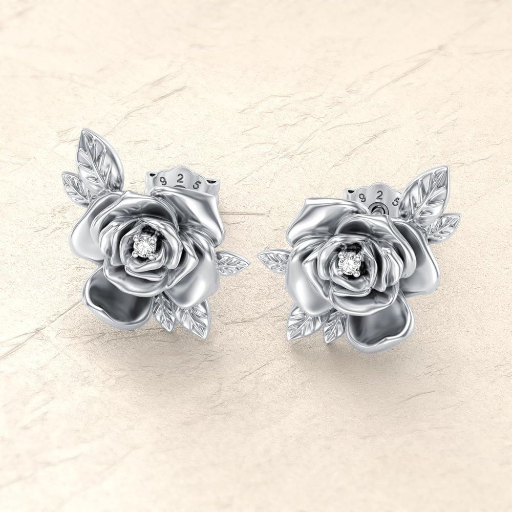 Rose Stud Earrings with Lab Grown Diamond in Silver - Future Jewelry
